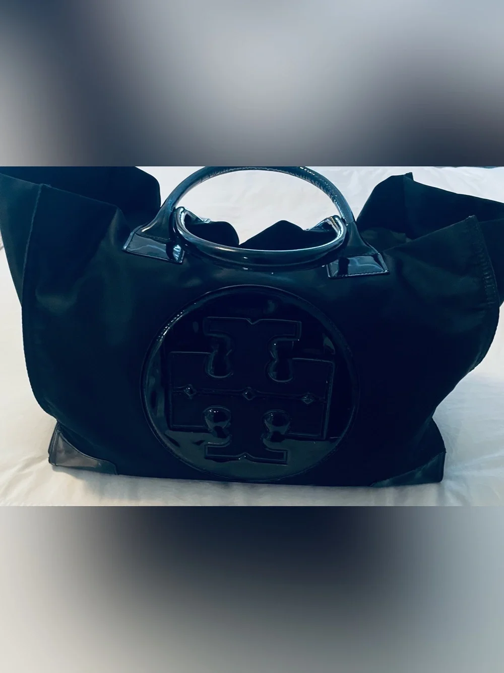 Tory Burch Black Nylon Ella Large Tote Bag Patent Logo